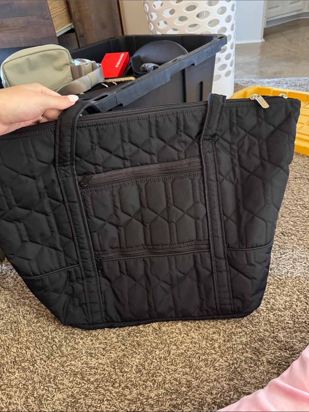 Quilted Black Tote Bag with Gold Plaque - Picture 3 of 4